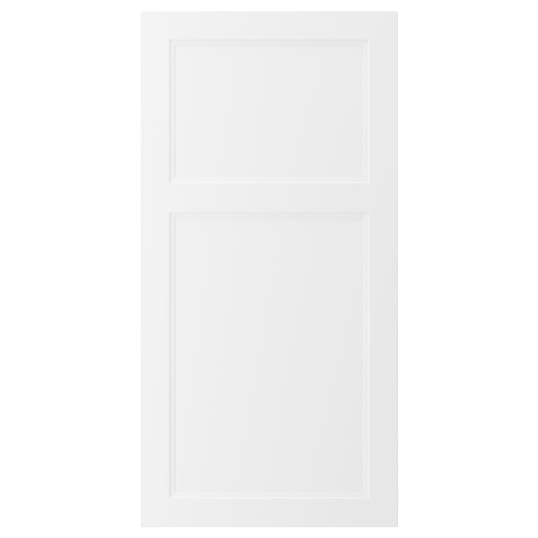 White AXSTAD cabinet door with classic-modern design, soft lines, fiberboard construction.