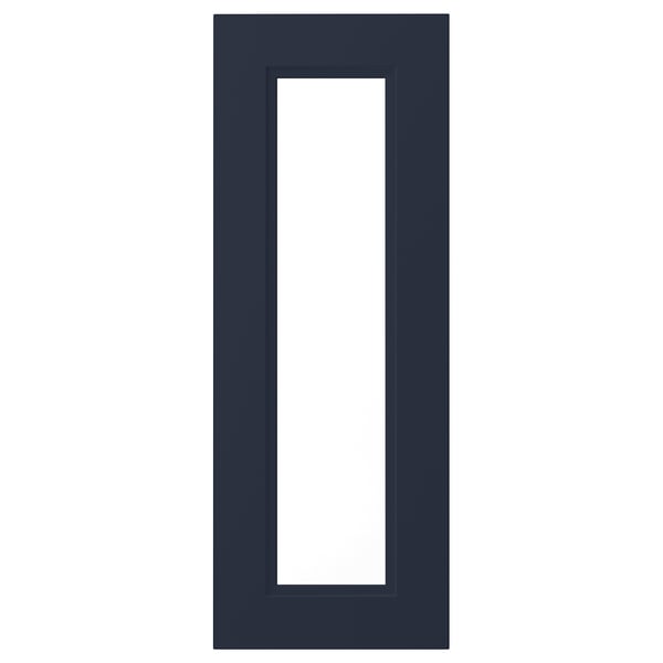 A blue AXSTAD door with a rectangular glass panel, framed with abs plastic and fiberboard.