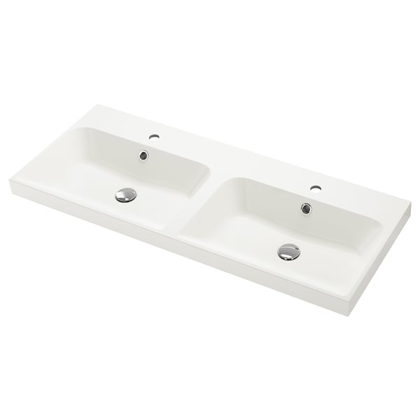 BACKSJÖN white marble sink, sleek modern design, integrated dual basins, chrome drain caps.