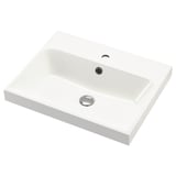A white rectangular BACKSJÖN washbasin with a modern design, featuring a sleek chrome drain, made of crushed marble.