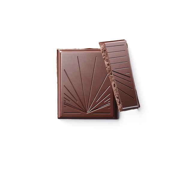 Dark chocolate bar with coffee beans, distinct lines for breaking.
