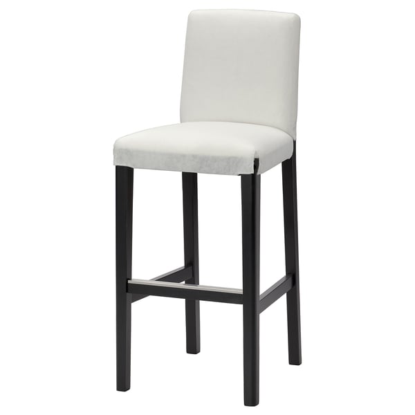 A white BERGMUND barstool with a black metal frame, featuring a padded seat and backrest for comfort.