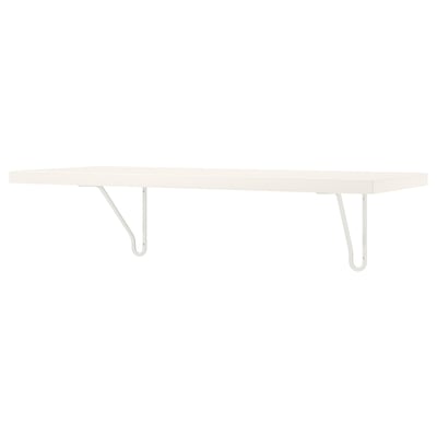 A BERGSHULT wall shelf in white. Its rectangular, simple, and made of particleboard and steel brackets. Great for organizing spaces.