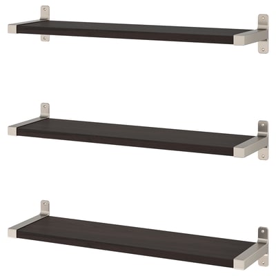 Three black wall shelves, each with two metallic brackets, displayed in a vertical arrangement.