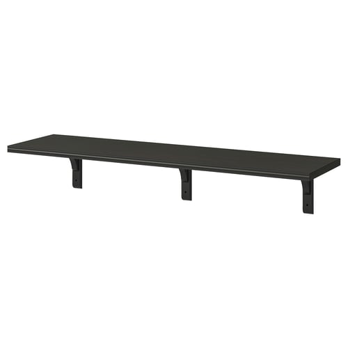 A black wall shelf named BERGSHULT. It is rectangular with bevelled and smooth edges, supported by two black metal brackets.