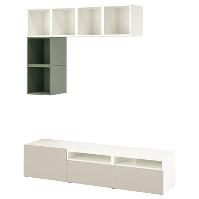 White BESTÅ tv unit with shelves and drawers, sleek modern design, adjustable feet.