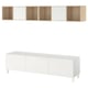 White BESTÅ tv unit with oak cabinet combo. Modern, minimalist design; 2 enclosed+3 open shelves, 2 door storage.