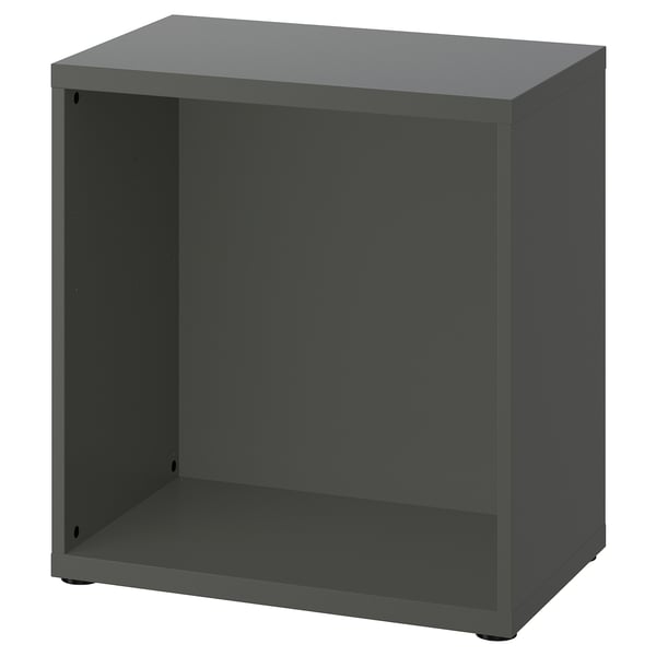 An ikea BESTÅ storage frame in dark grey, rectangular in shape, with a minimalist design for versatile storage use.