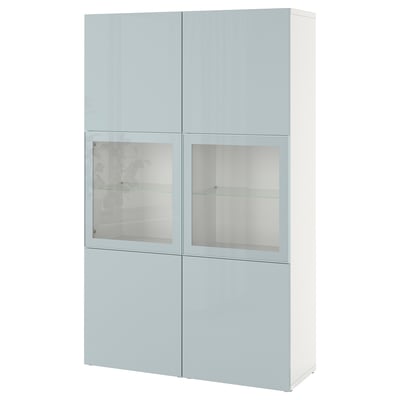 A light blue BESTÅ storage unit with glass doors. It has a rectangular shape and sleek design, combining storage and display.