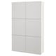 Option: A white BESTÅ storage unit with six doors, a modern minimalist design, and clean lines. It is rectangular and made of particleboard and fibreboard.