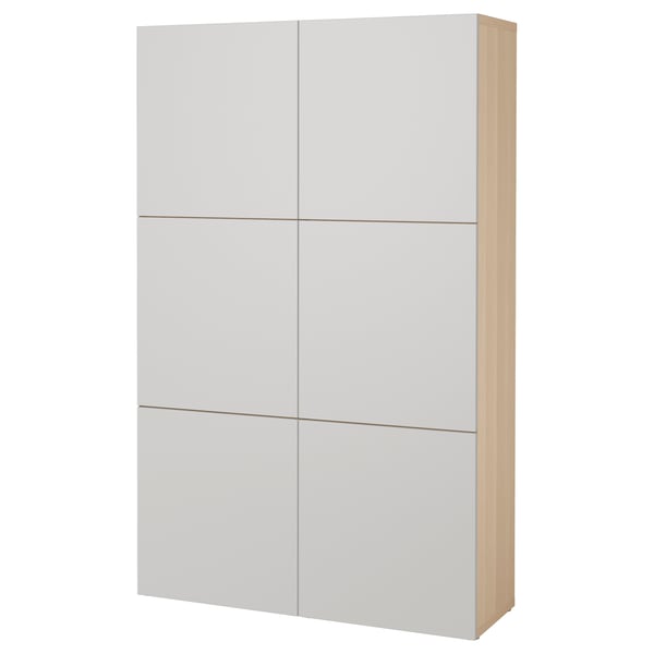 Modern white bookcase, rectangular, six compartments, wooden sides.