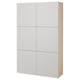 Modern white bookcase, rectangular, six compartments, wooden sides.