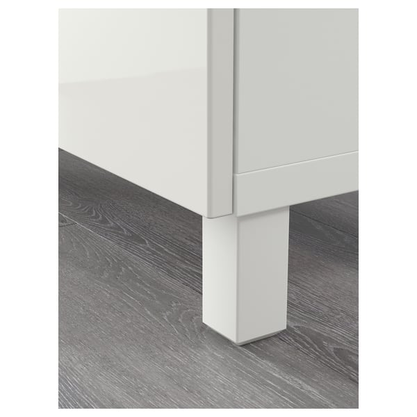 Modern white cabinet with clean lines, sitting on light wooden floor; shows quality and sleek design.