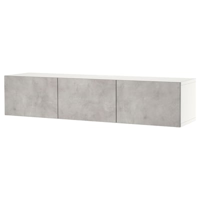Modern BESTÅ tv bench, rectangular, sleek design with 3 grey concrete effect doors.
