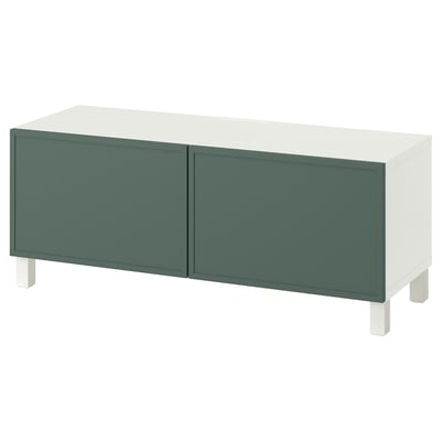 BESTÅ TV bench with doors, white/Krukmakare dark grey-green, 120x42x48 cm