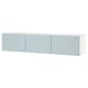 A white BESTÅ tv bench with three light blue doors. This modern furniture piece offers storage and cable management solutions.