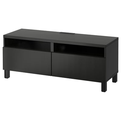 Black BESTÅ tv stand, drawers & open shelves for cable management.