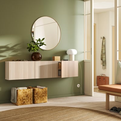 BESTÅ Wall-mounted cabinet combination, white stained oak effect/Lappviken white stained oak effect, 180x22x38 cm