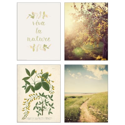 Four nature posters: gold leaves text, bright tree, green plant, path & sky.