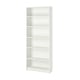 White BILLY bookshelf, six empty shelves, rectangular shape, minimalist design, made of particleboard and melamine foil.