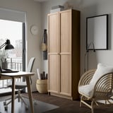 BILLY bookcase in light oak, double doors, adjustable shelves, large size.