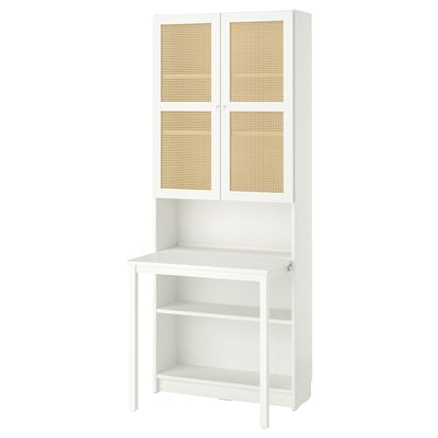 Ikea BILLY white desk-bookcase combo, bamboo doors, minimalist design.