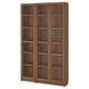 BILLY bookshelf: tall, wooden brown, multiple shelves, glass doors, rectangular design.