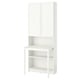 White BILLY bookcase with desk by ikea, minimalist design, two doors, one open shelf, white material.