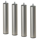 Four identical BJORLI legs made of stainless steel, designed for furniture. Each leg is cylindrical with a threaded top and a black foot attachment.