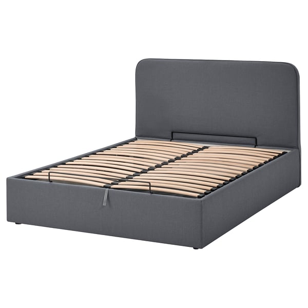 Black BLÅFJÄLLET bed, fabric upholstered, wooden slats, with lift mechanism for storage.