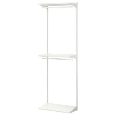A white BOAXEL wall-mounted storage unit. It three shelves with sturdy metal supports, designed for efficient use of small spaces.