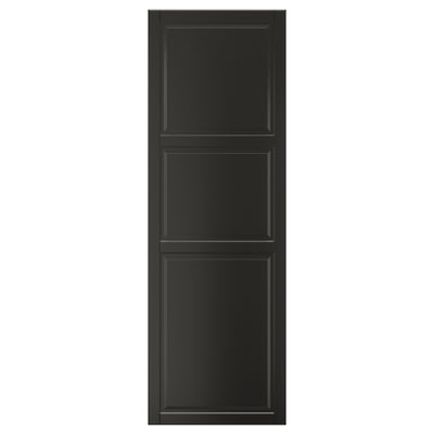 This image shows a black BODBYN cabinet door with a smooth, beveled panel design. Its rectangular and made of fibreboard with a polyurethane finish.