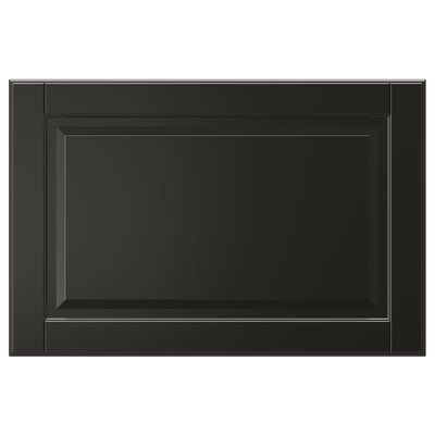 A black, rectangular BODBYN drawer front with a smooth, bevelled panel design made of fibreboard and polyurethane paint.