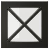 Black framed glass door with beveled edges, featuring an x design in a square shape.