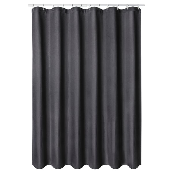 The BORSTALOE shower curtain, black, is water-repellent with waffle texture, made from recycled polyester, hanging straight.