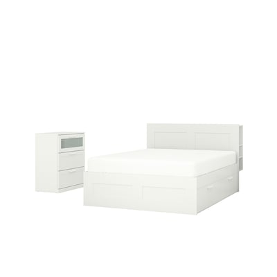 BRIMNES white bed frame & chest of drawers - headboard storage, 4 under-bed drawers, 3 drawers.