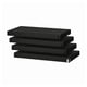 Black BROR shelves, stack of four rectangular metal shelves, sturdy design.