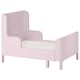 A light pink BUSUNGE extendable bed with curved headboard and footboard, sturdy wooden slats, and soft rounded corners designed for children.