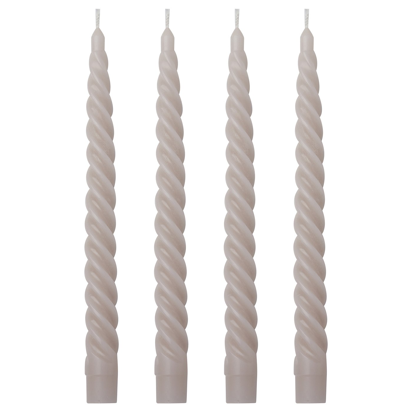 Four grey spiral candles in a row, each twisted and tall, made of paraffin and plant wax, standing upright.