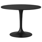 A DOCKSTA round black dining table with a single pedestal base made of metal.