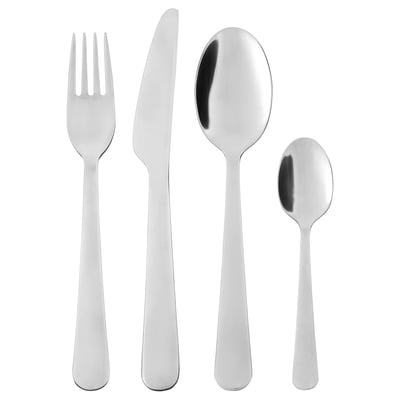 A complete DRAGON cutlery set in stainless steel, including a fork, knife, large spoon, and small spoon, designed for durability and versatile use.
