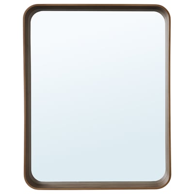 DVÄRGSYREN mirror: rectangular, warm walnut frame, sturdy glass center, versatile design for bathrooms or living spaces.