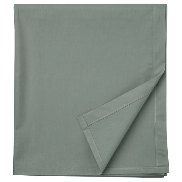 Grey-green DVALA flat sheet, folded, plain rectangular with hemmed edges.