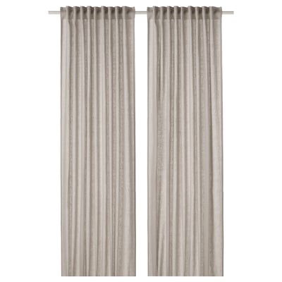 DYTÅG curtains, beige. Linen, semi-sheer, rod-pocket, vertical stripes.
