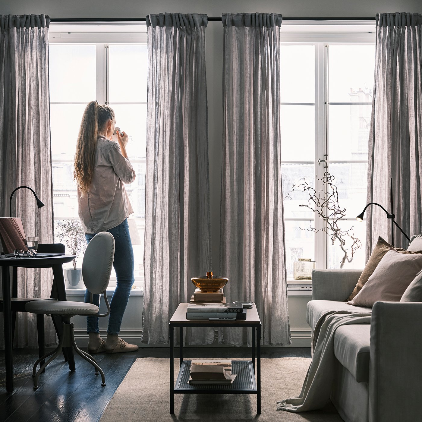 DYTÅG curtains, 1 pair, light grey/with heading tape, 145x250 cm