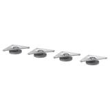 Four adjustable metal feet for furniture; galvanized steel, triangular shape with threaded bottoms.