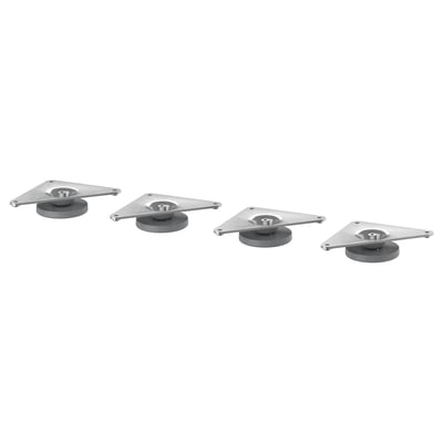 Four adjustable metal feet for furniture; galvanized steel, triangular shape with threaded bottoms.