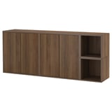 Dark brown wall-mounted storage: EKET mix closed, open units, slim wood profile, modern minimalist design.