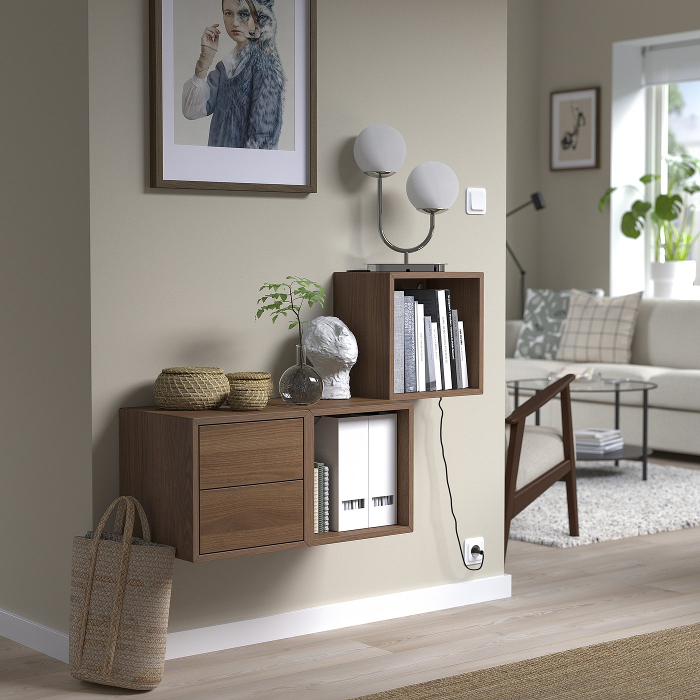 neconeco3 　IKEA イケア木製ナチュラルウッド引き出し付 EKET wall-mounted storage combination, walnut effect, 105x35x70 cm