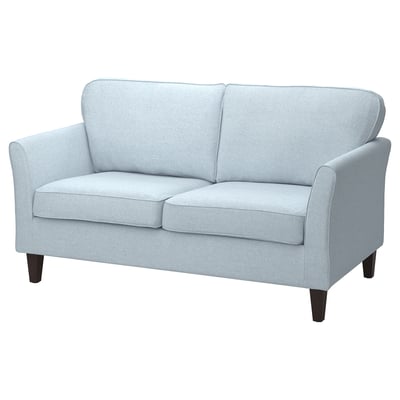 Light blue EKHOLMA loveseat, rounded arms, dark wood legs, cozy, modern design.